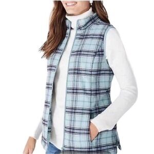 J. Jill Mint Green Fleece Lined Plaid Curved Hem Flannel Vest Size S